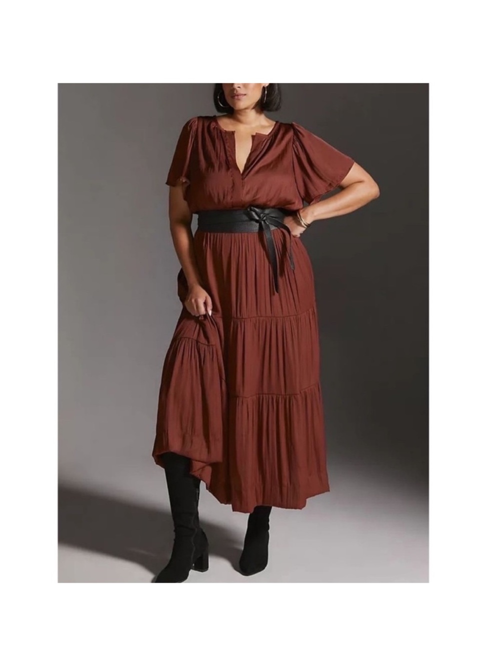 Anthropologie Chocolate Brown V-Neck Tiered Midi Dress - Picture 2 of 4